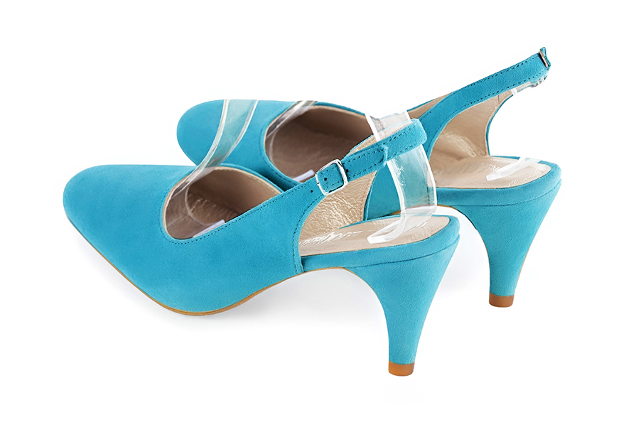 Dress slingback heels in turquoise blue leather with high slim heels and round toe - Rear view